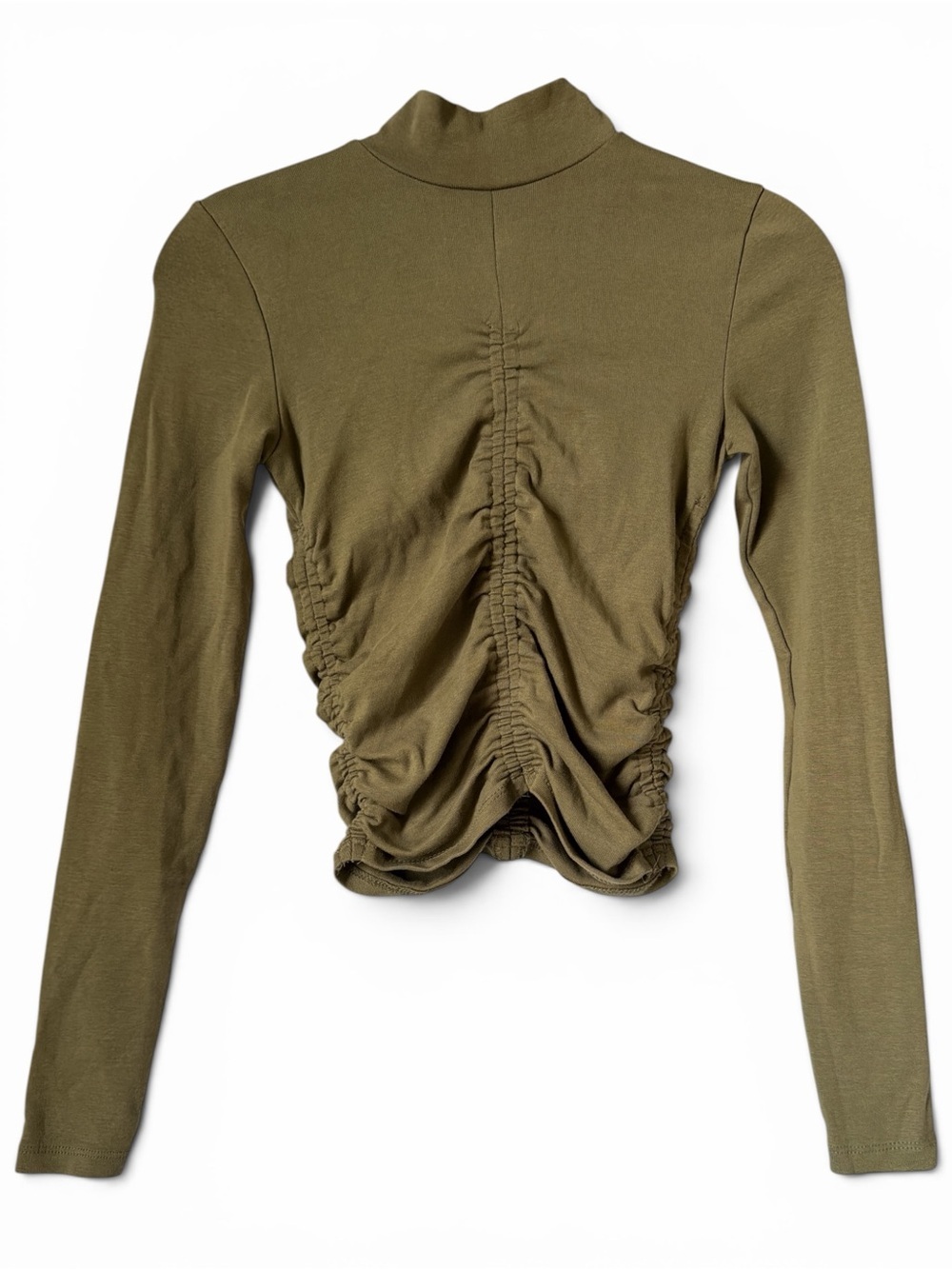 Zara Army Green Ruched Long Sleeve Mock Neck Top Small Fitted Cropped Cotton